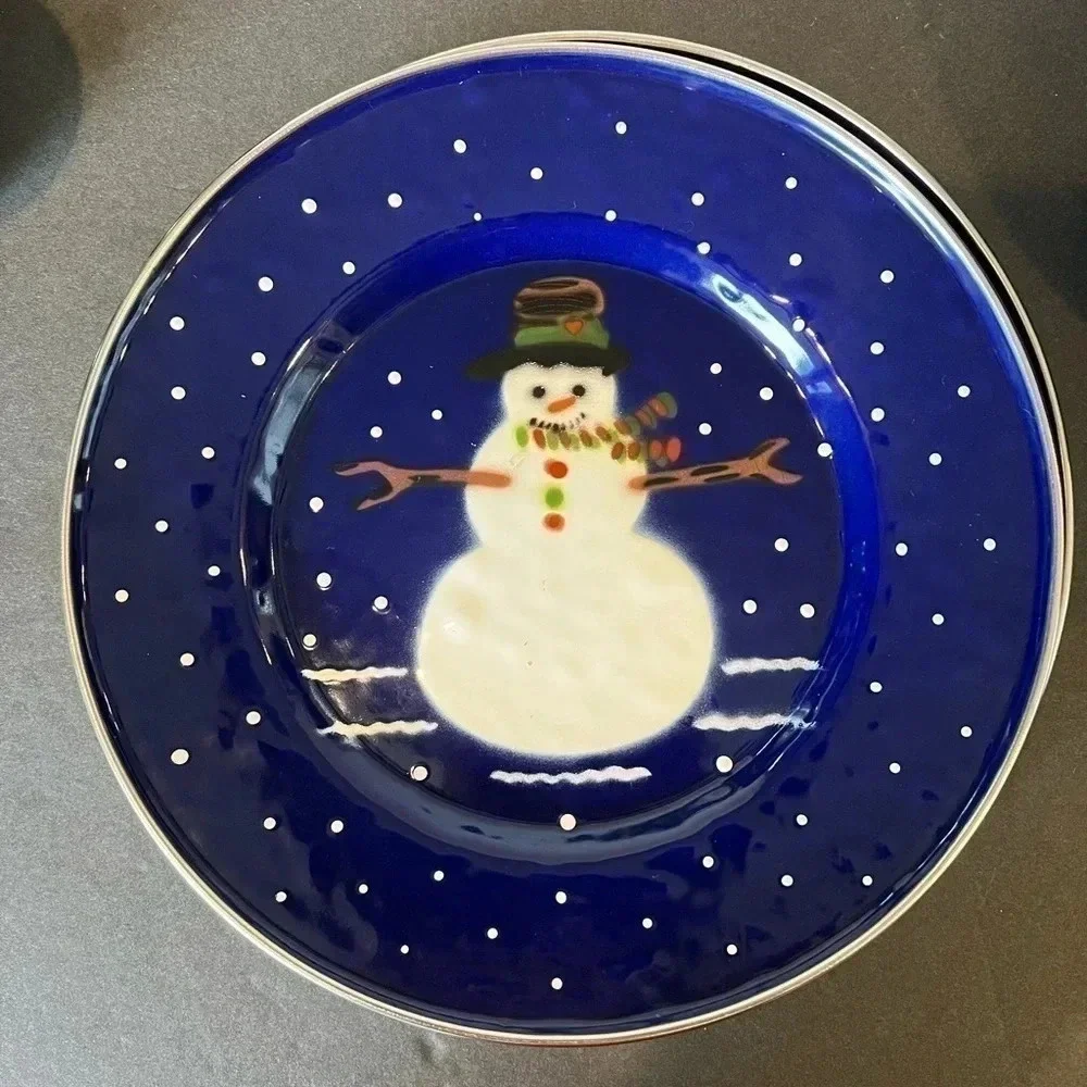 Golden Rabbit II Snowman Denise S. Harvey Blue Enamelware Lot Of (8) Eight